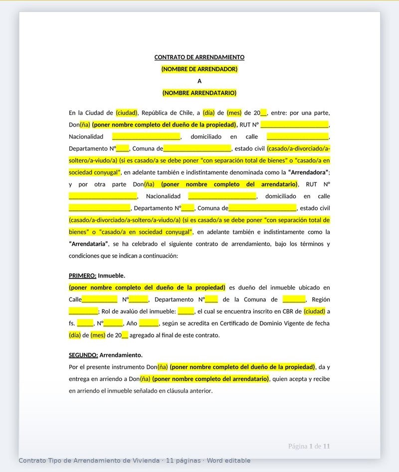 Página del Contrato Tipo de Arrendamiento con los campos a completar destacados