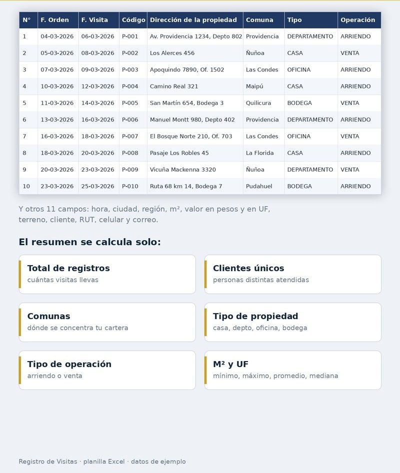 Planilla Excel de Registro de Visitas con datos de ejemplo